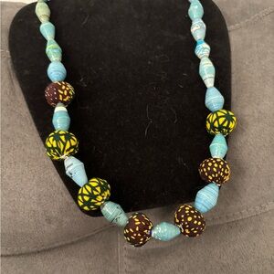 Handcrafted Blue and Yellow Ketange  Beaded Necklace. New handmade in Rwanda